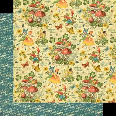 Papel de embrulho infantil com padrão de cogumelos, fadas e texto 'Forget Me Not'.