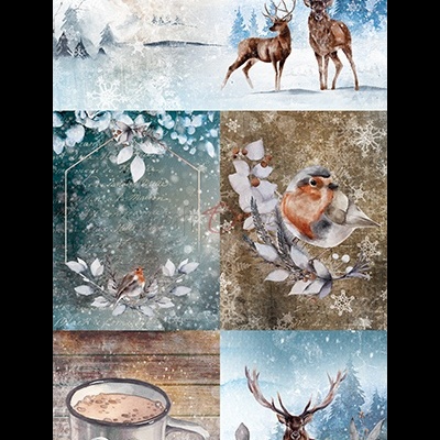 Ilustrações aquareladas de cervos, pássaros, flocos de neve e caneca de bebida quente com decoração natural
