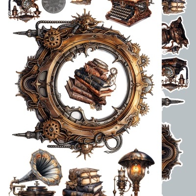Autocolantes steampunk com livros, objetos antigos e elementos mecânicos
