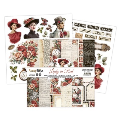 Papel decorativo para scrapbooking com imagens vintage de mulheres de chapéu vermelho, flores e elementos vintage