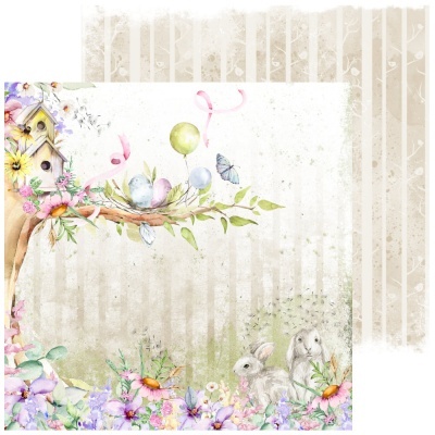 Papel decorativo com ramo, ovos, coelhos e flores coloridas