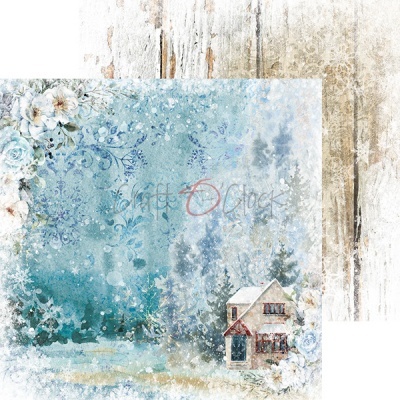 Papel decorativo com padrão de casa, árvores e flores em fundo azul e padrão de madeira envelhecida