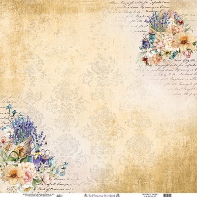 Papel decorativo bege com flores lilases e rosas e texto manuscrito