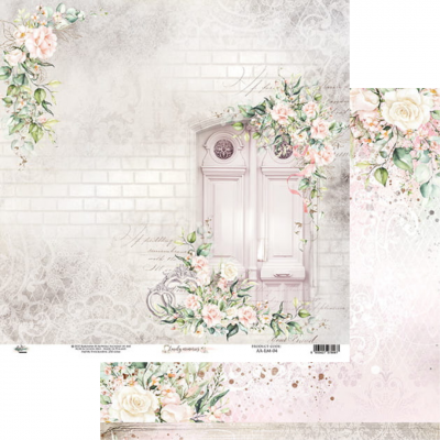 Porta dupla rosa clara com flores decorativas em fundo pastel rendado