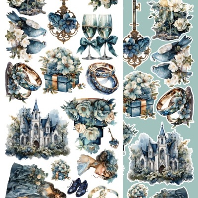 Ilustrações temáticas de casamento com castelo, flores, anéis, taças, pombos, presente, sapatos e noiva em tons azuis e dourados.