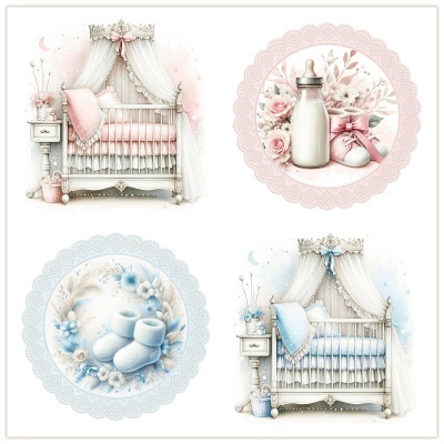 Ilustrações de ambientes e acessórios para bebé em rosa e azul com berços, mantas, flores, biberão, chupeta e sapatinhos.