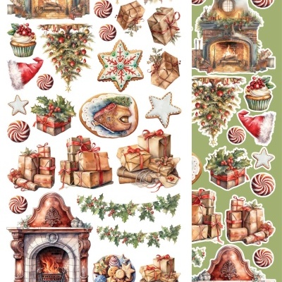 Autocolantes natalícios com lareiras, presentes, bolachas, azevinho, cupcakes e doces.