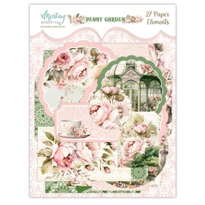 Conjunto de 27 elementos de papel para scrapbooking com flores de peónias, chávenas e estufa, em tons rosa e verde.