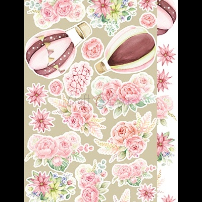 Autocolantes decorativos com flores rosas e balões de ar quente em estilo aquarela