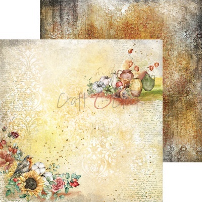 Papel decorativo dupla-face com flores, frutos e textura envelhecida