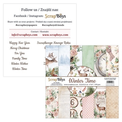 Conjunto de papéis de scrapbooking temáticos de inverno e Natal com diversos padrões e textos em inglês e polaco