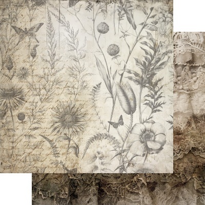 Papel de parede decorativo com flores, borboletas, escrita vintage e textura de renda envelhecida