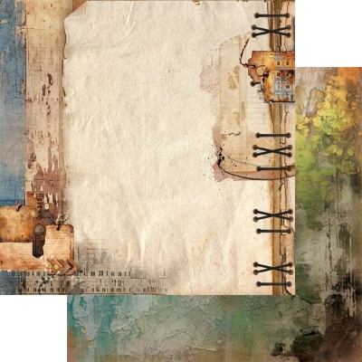 Textura artística envelhecida com cores neutras e elementos de papel antigo grampeado