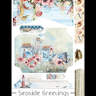 Conjunto de papéis decorativos com temas marítimos e texto Seaside Greetings.