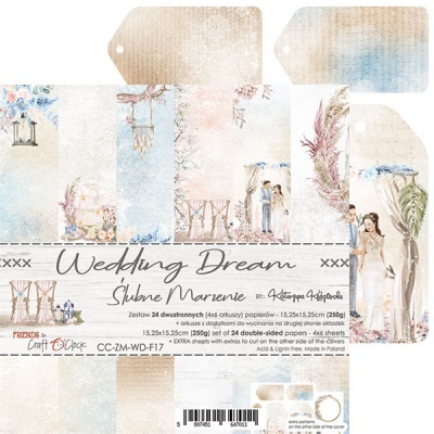 Papel decorativo para scrapbook com tema de casamento e ilustrações delicadas