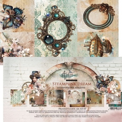 Etiqueta decorativa steampunk com flores e engrenagens e texto STEAMPUNK DREAM