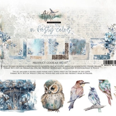 embalagem decorativa com flores azuis, coruja e pássaros em tons azuis e bege