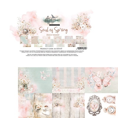 Papéis decorativos com tema floral e primavera, em tons pastel e relógios antigos