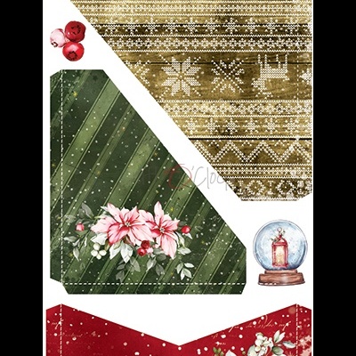 Três envelopes festivos com padrões natalícios em castanho, verde e vermelho, sinos vermelhos pequenos e bola de neve com candelabro.