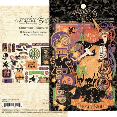 Conjunto de ephemera de Halloween com bruxa, gato preto e abóbora em cores laranja, roxo e verde