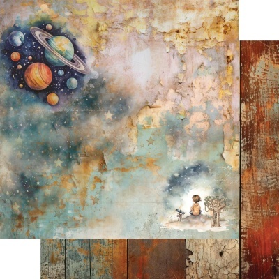 Papel de parede ilustrado com planetas, criança, cão e árvore sobre fundo texturizado envelhecido