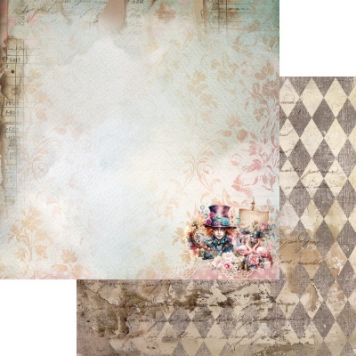 Papel decorativo duplo face com padrão floral e personagem colorida