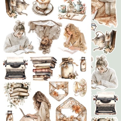 Ilustração variada de objetos e mulheres com elementos literários e decorativos