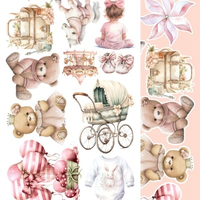Elementos ilustrados de bebé e acessórios em tons pastéis e rosa