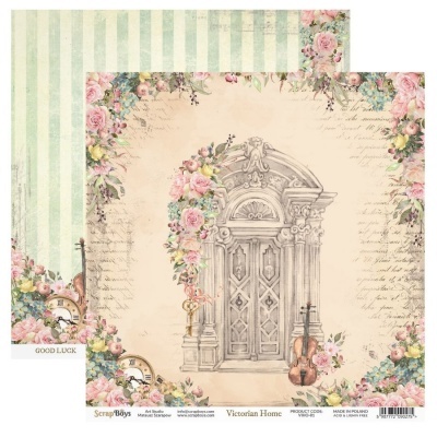 Papel decorativo vintage com porta vitoriana e flores cor-de-rosa