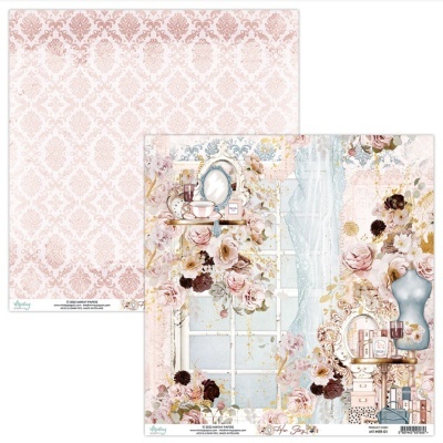 Papel decorativo floral vintage com manequim e padrão damasco rosa