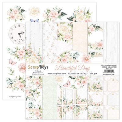 Folhas de papel decorativo ScrapBoys com padrões florais em tons pastel e texto Beautiful Day