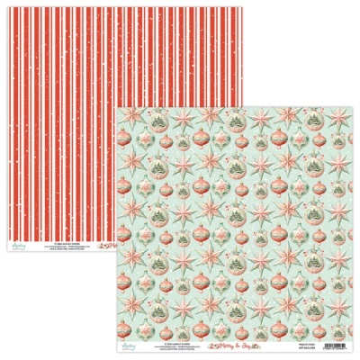 Papel decorativo com padrão de Natal em duas faces, listras vermelhas e brancas e bolas com estrelas em cores suaves.