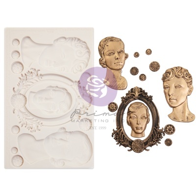 Molde de silicone com relevos de rostos e ornamentos dourados decorativos