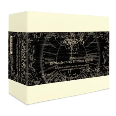 Caixa creme com faixa preta e texto do produto Envelope Album
