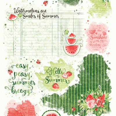 Ilustrações de melancia, flores e texto decorativo em fundo aquarelado verde, vermelho e rosa