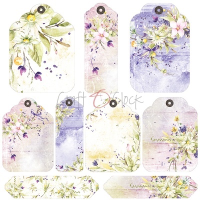 Etiquetas decorativas com flores em tons de lilás, azul e verde