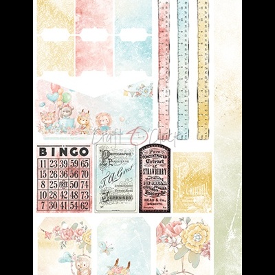 Folha de papel decorativo infantil com desenhos de animais, flores, números de bingo e etiquetas em tons pastel