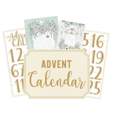 Calendário do Advento com números dourados e decoração floral em cartão