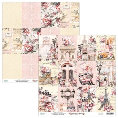 Papel de scrapbook decorativo com estampas florais, monumentos e elementos de confeitaria em tons pastel