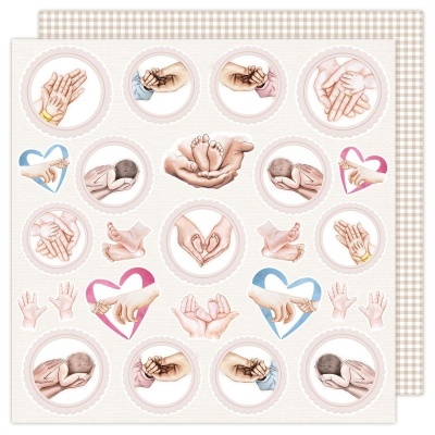 Papel decorativo com ilustrações de mãos e pés de bebé em tons suaves