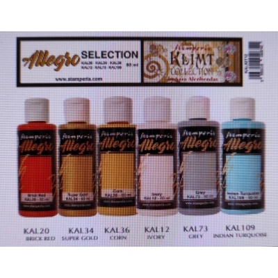 Seis frascos de tinta Allegro em várias cores com rótulos e uma etiqueta de coleção Klimt