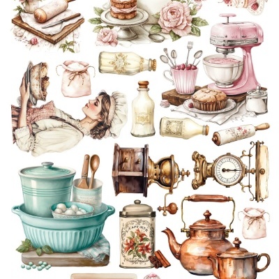 Ilustrações vintage de utensílios de cozinha e bolos com texto e código de produto