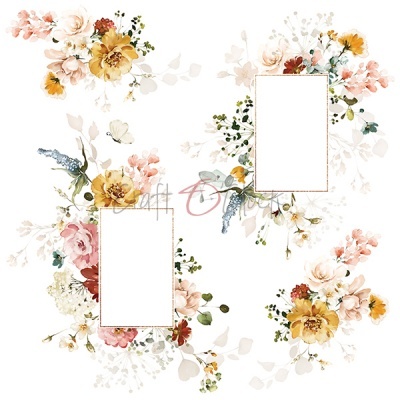 Molduras retangulares com decoração floral colorida em fundo branco