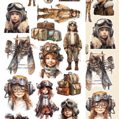 Ilustrações de crianças com roupas de aviador, chapéus com óculos e malas vintage