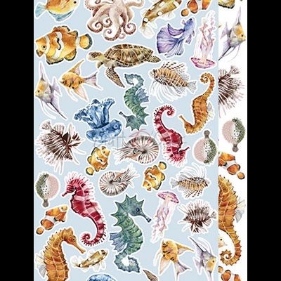 Etiquetas autocolantes com ilustrações coloridas de animais marinhos variados sobre fundo azul claro