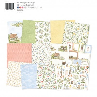 Conjunto de papel decorativo com padrões florais e imagens de jardinagem