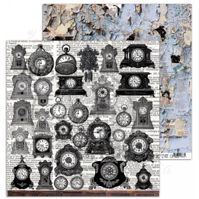 Papel decorativo dupla face com padrão de relógios antigos e textura de pintura descascada