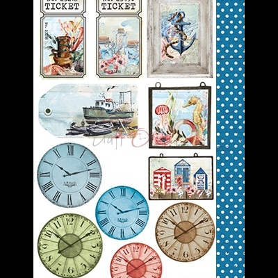 Conjunto de ilustrações de bilhetes, quadros náuticos e relógios coloridos com números romanos