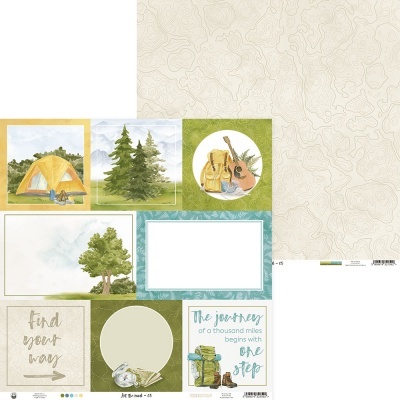 Folha dupla para scrapbooking com temas de natureza, camping e citações em inglês