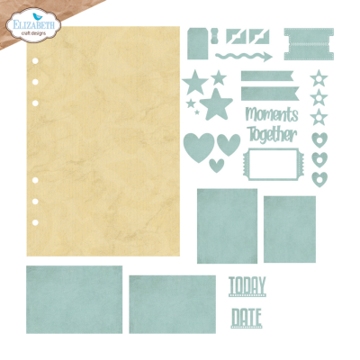 Kit de scrapbooking com folhas e recortes em papel azul e bege com palavras e formas diversas